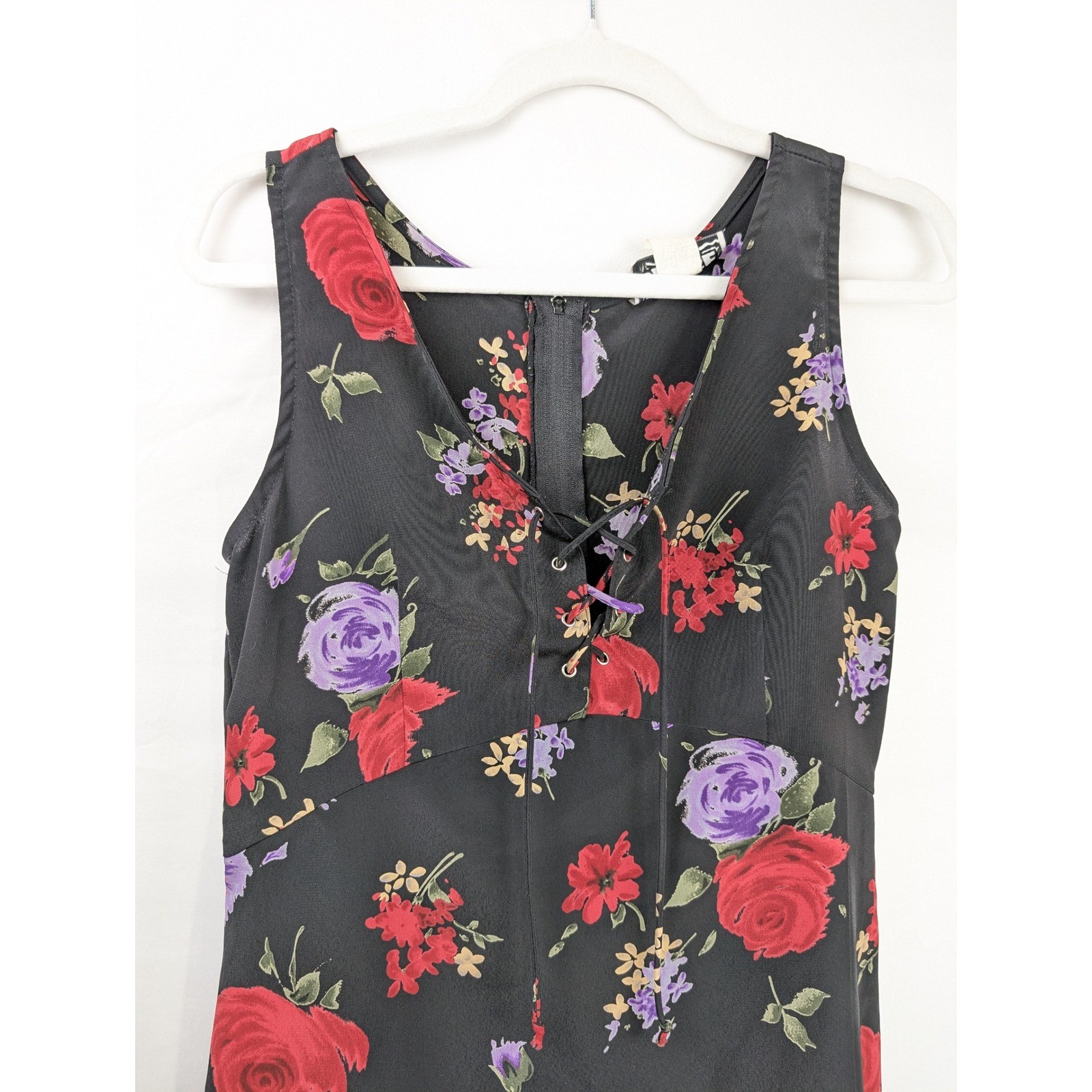 Vintage 90s Floral Lace Up Babydoll Mini Dress Size M Black Rose Dark Romantic