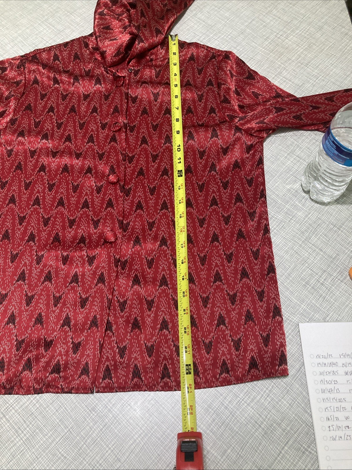 VTG 70s Weathervane Secretary Blouse Asymmetric Button Red Ikat Chevron Tie Neck