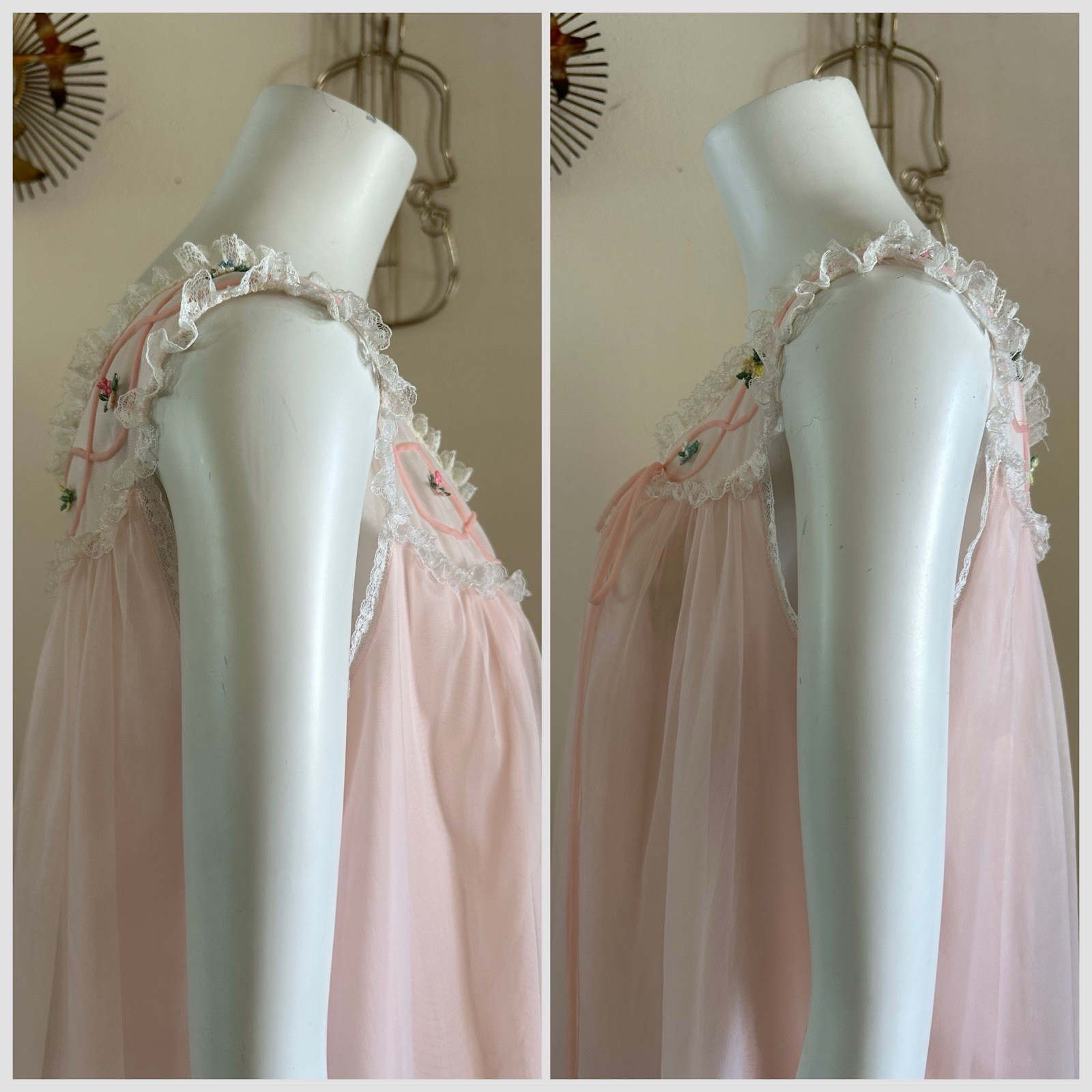1960s Gotham Pink Nylon Peignoir Set Babydoll Chiffon Lace Lingerie Robe M VTG