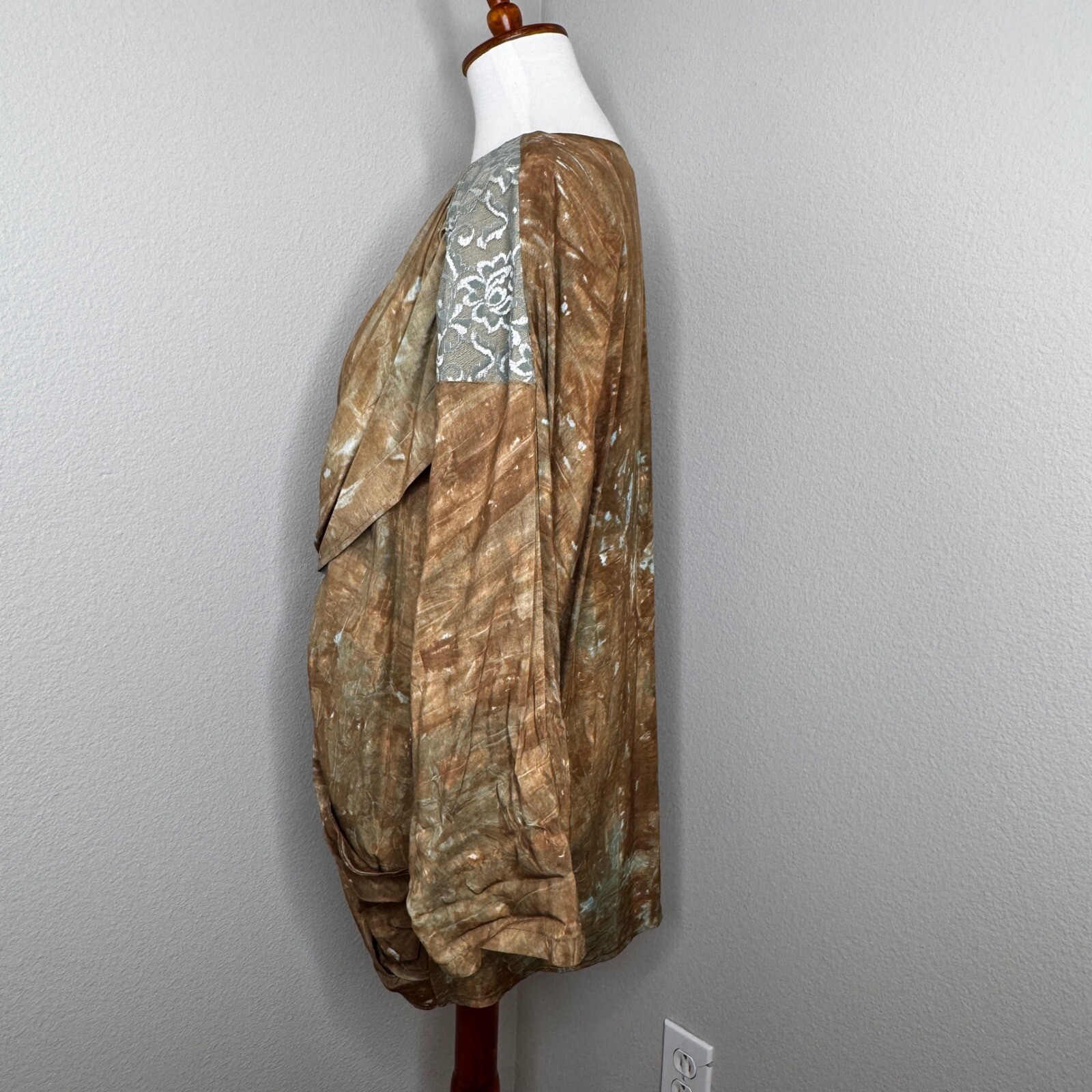 VTG MON-LIZE 80s Tunic Top MED/LG Mixed Media Made France Brown Artsy Lagenlook