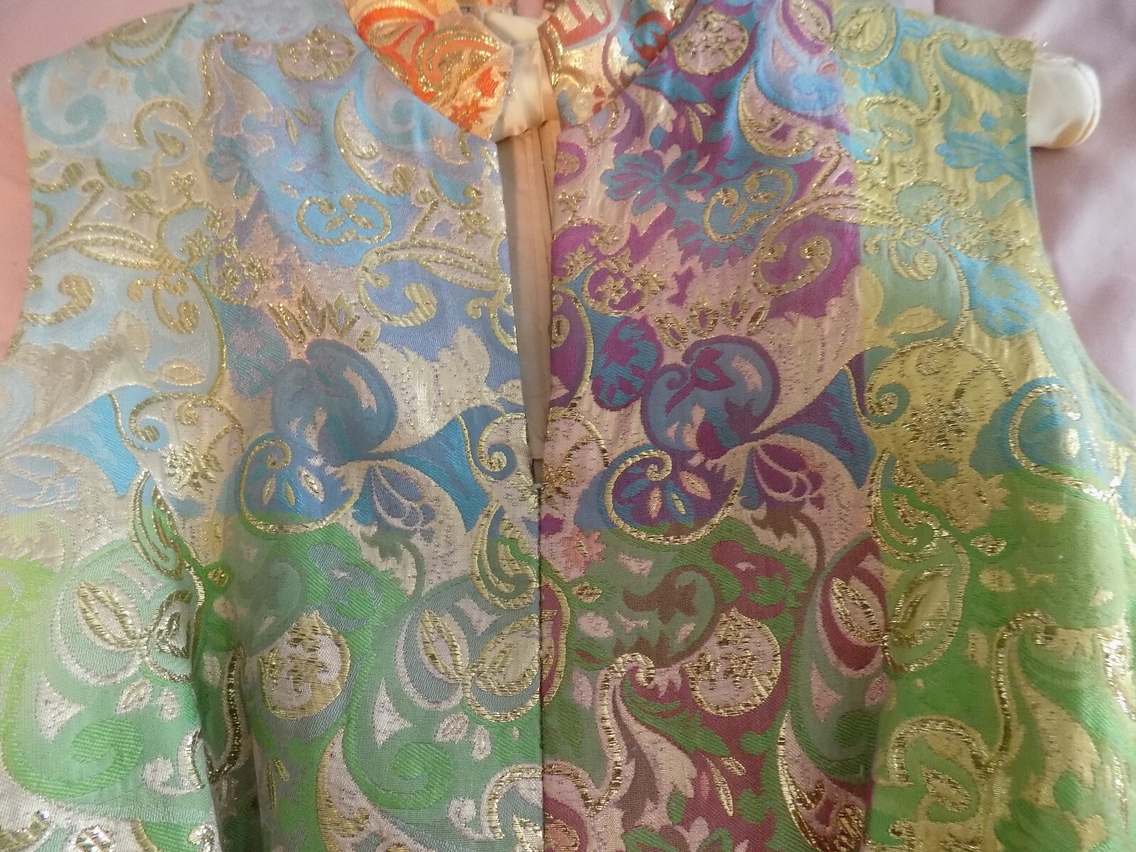 Vtg FAB 60s Joseph Magnin Metallic Tapestry Gold Pink Green Disco Maxi Jumpsuit