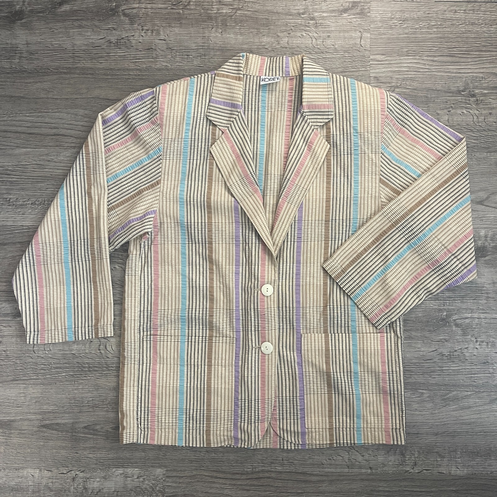 Vintage 80s 90s Seersucker Koret Beige Blue Pink Lavender Summer Casual Blazer