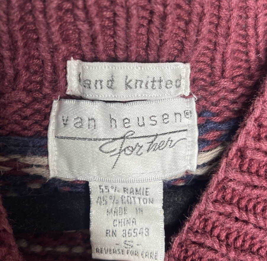 Van Heusen Hand Knitted For Her Floral Sweater Burgundy Size Small Vintage