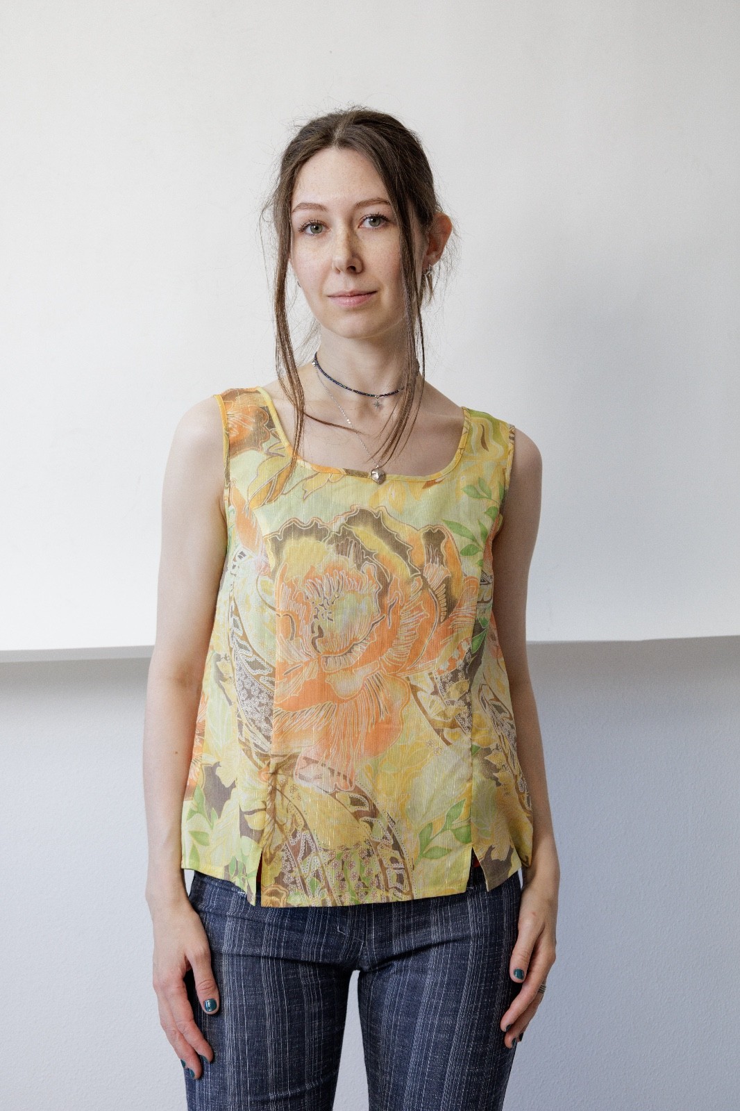 Vintage 90s Yellow Orange Floral Sleeveless Shell Top Women’s M Square Neck