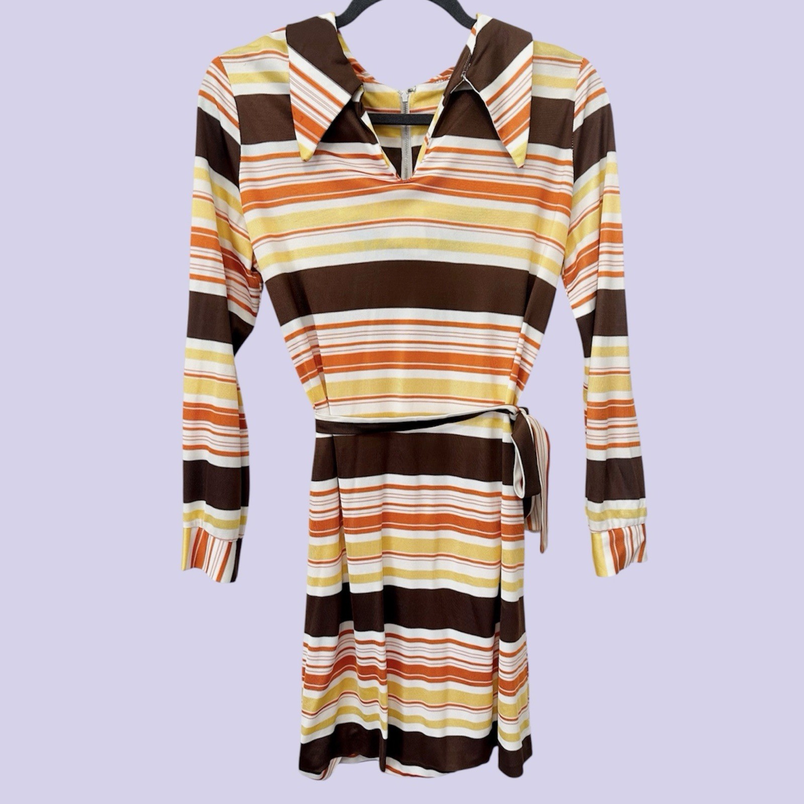 70s Vintage Orange Brown White Stripe Mini Shirt Dress Dagger Collar M/L EUC