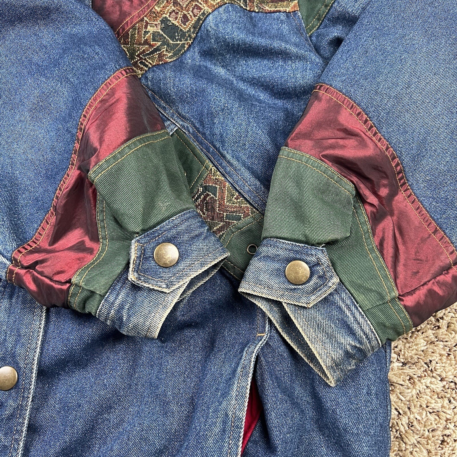Vintage 90s Two Twenty Women’s Blue Denim Patchwork Winter Lined Jacket XL Long