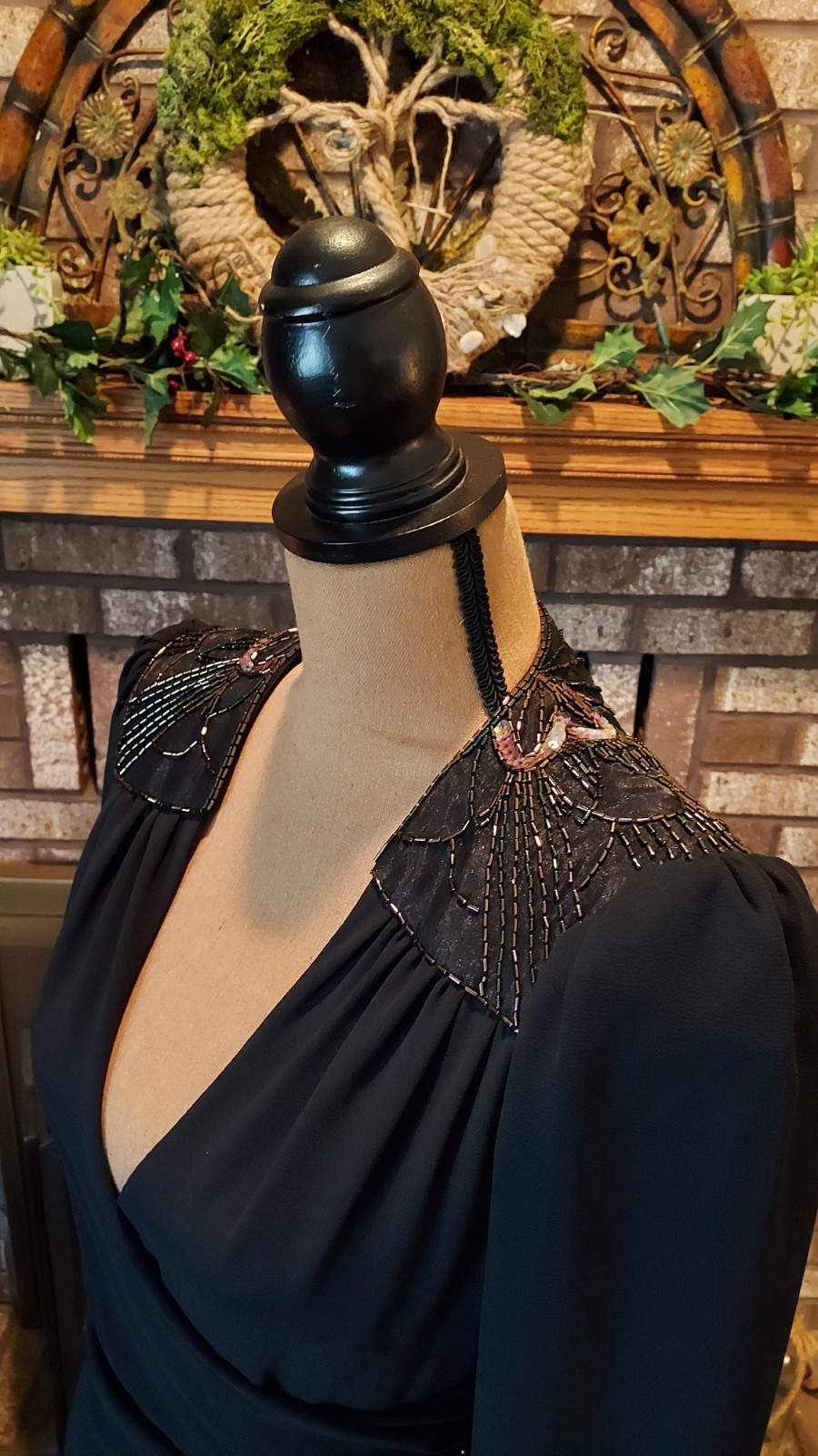 Vintage Casadei Black Beaded Ruched Asymmetrical Hem Wrap Cocktail Party Dress 6