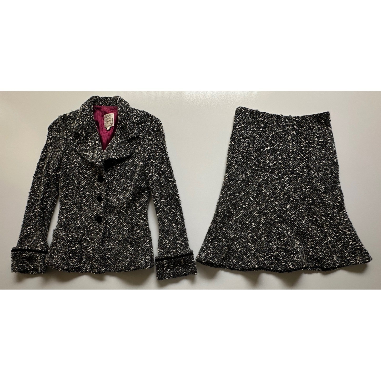 Y2K Nanette Lepore Black White Wool Boucle Skirt Suit Set Sony Studios Size S