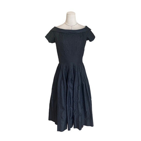 Rare 50s Ceil Chapman Couture Black Pleated Dress Full Skirt Bateau Neck Med