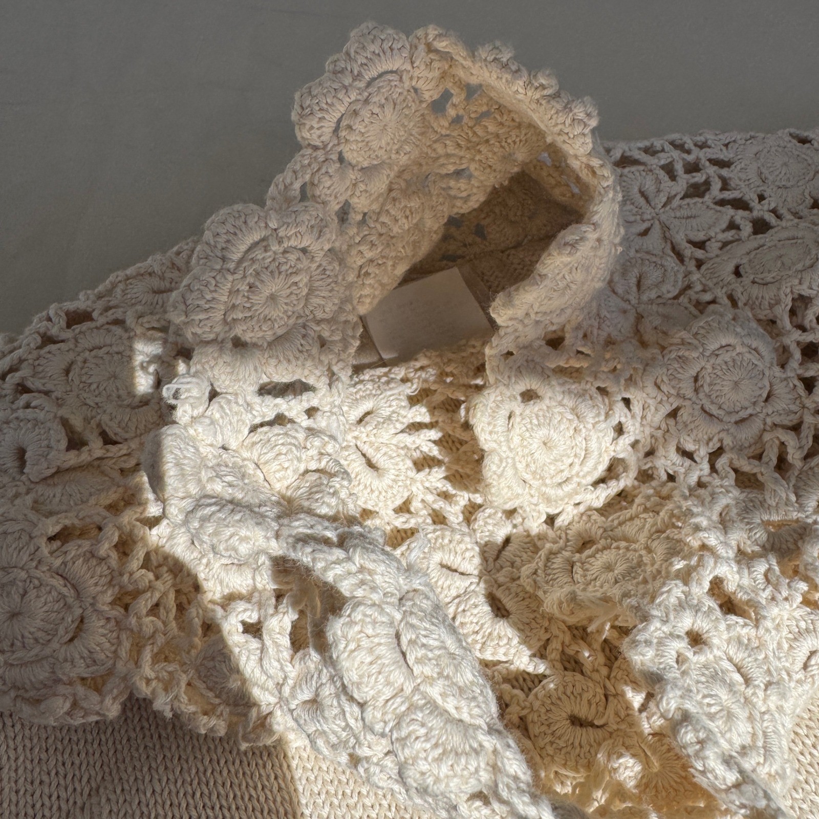 In-Wear Vintage 1980s Sweater Cream Crochet Lace High Neck Pointelle Cotton