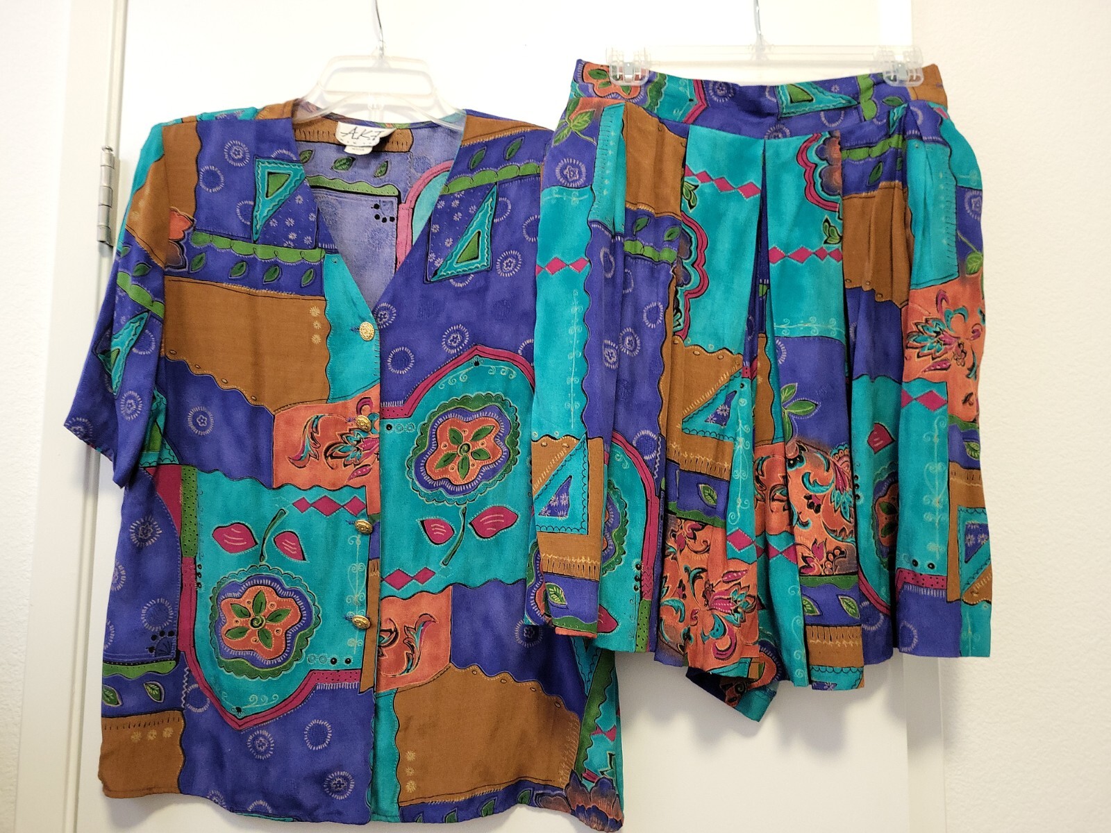 AKF New York Vintage Top & Skort Set Art to Wear Med Purple Teal Brown Patchwork