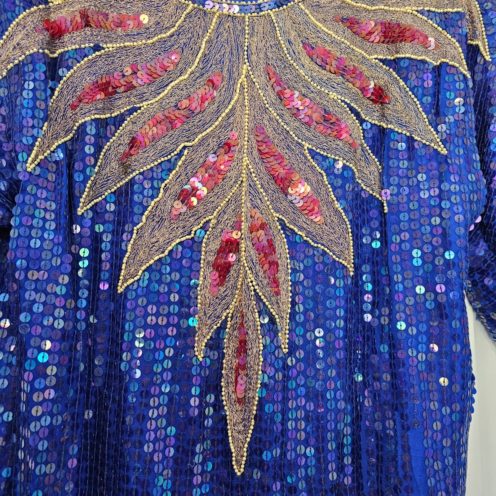 Vintage India Kings Blouse Womens Medium Blue Silk 80s Bright Sequins Beaded