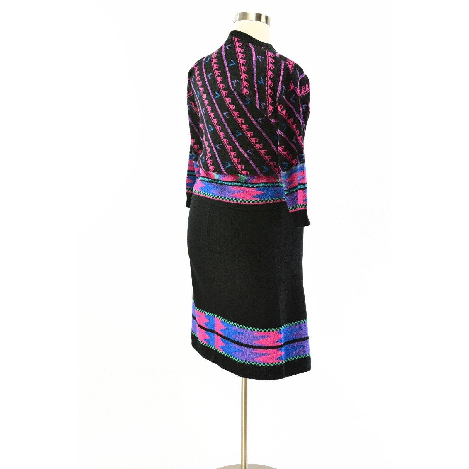 70s Vintage Geometric Sweater & Skirt Set Womens M Neon Pink Black Mod Outfit