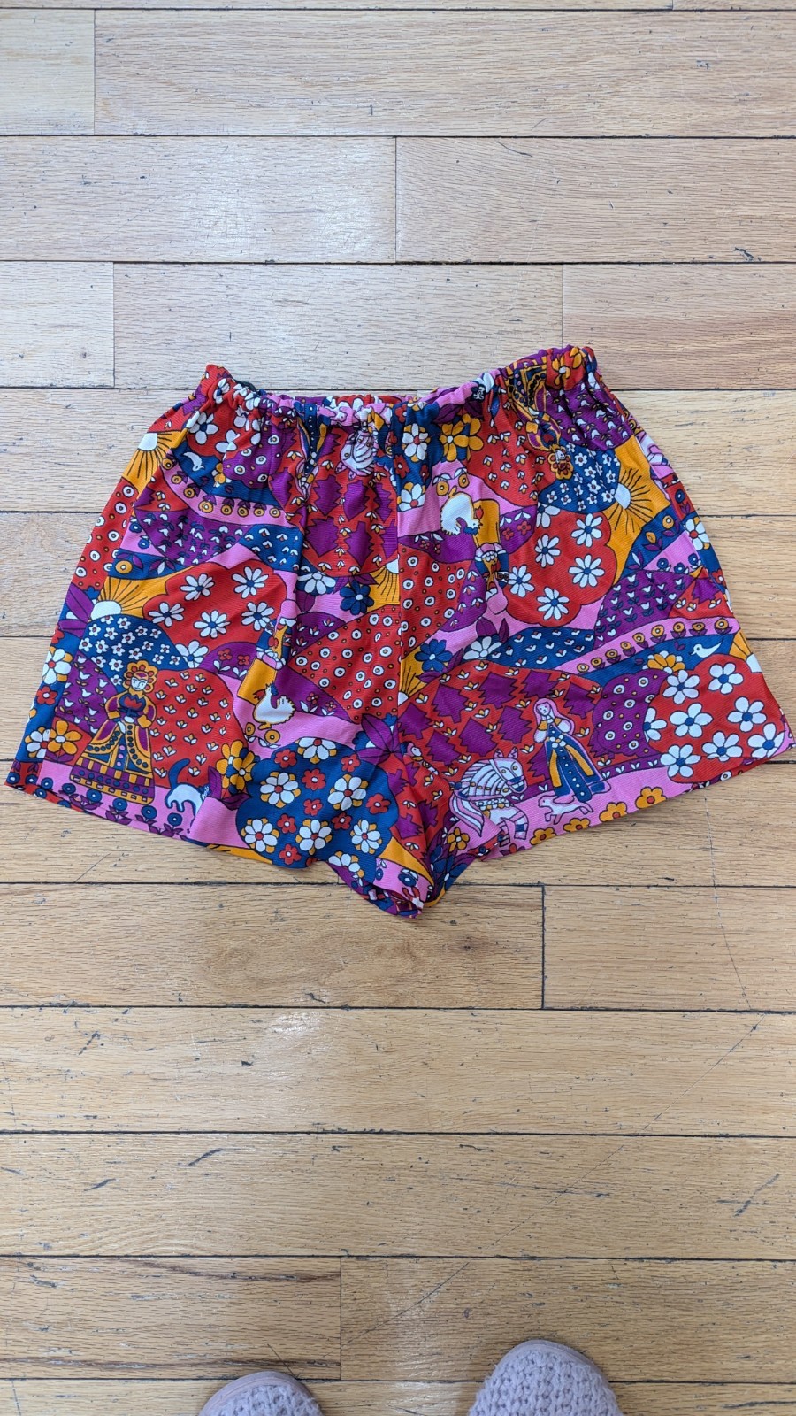 Vintage Psychedelic Floral Patchwork Shorts Elastic Waist Boho Retro 70s