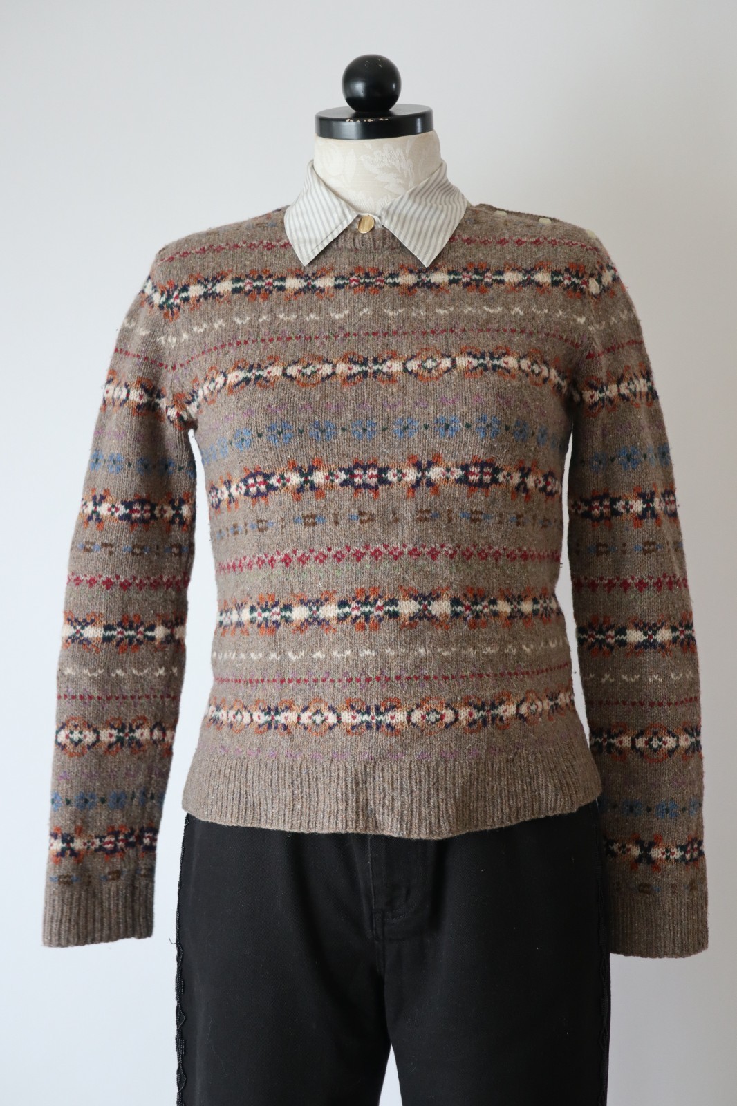 Ralph Lauren Beige Wool Cashmere Fair Isle Crewneck Handknit Sweater Women XS S