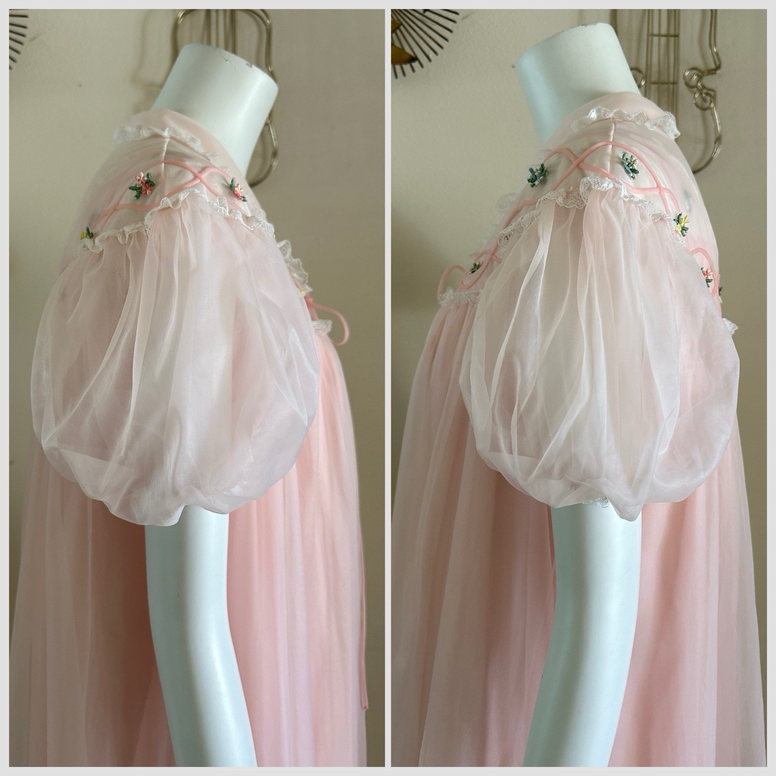 1960s Gotham Pink Nylon Peignoir Set Babydoll Chiffon Lace Lingerie Robe M VTG