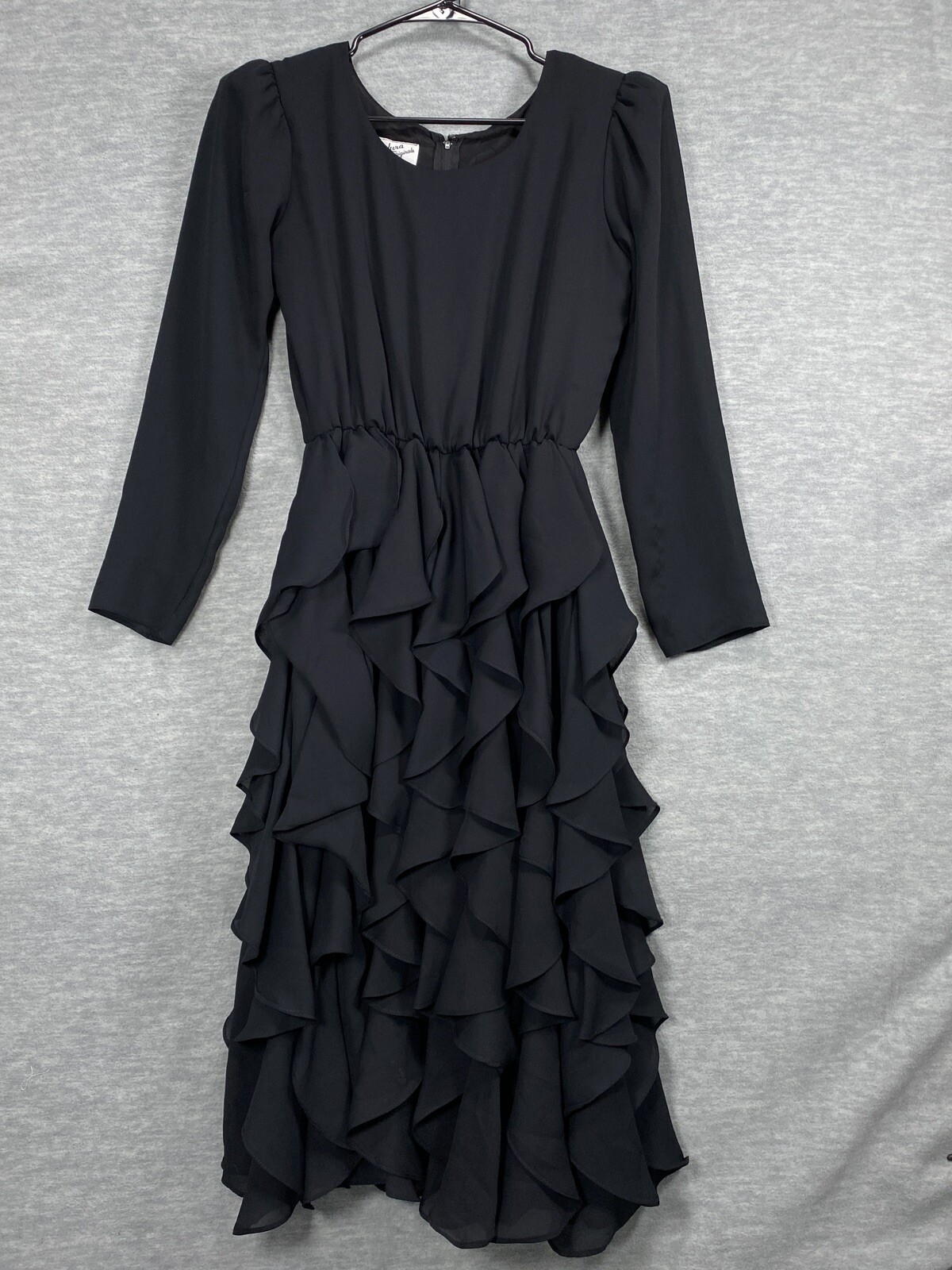 Vintage Claralura Originals Black Cocktail Dress 8 Midi Tiered Ruffles Gothic