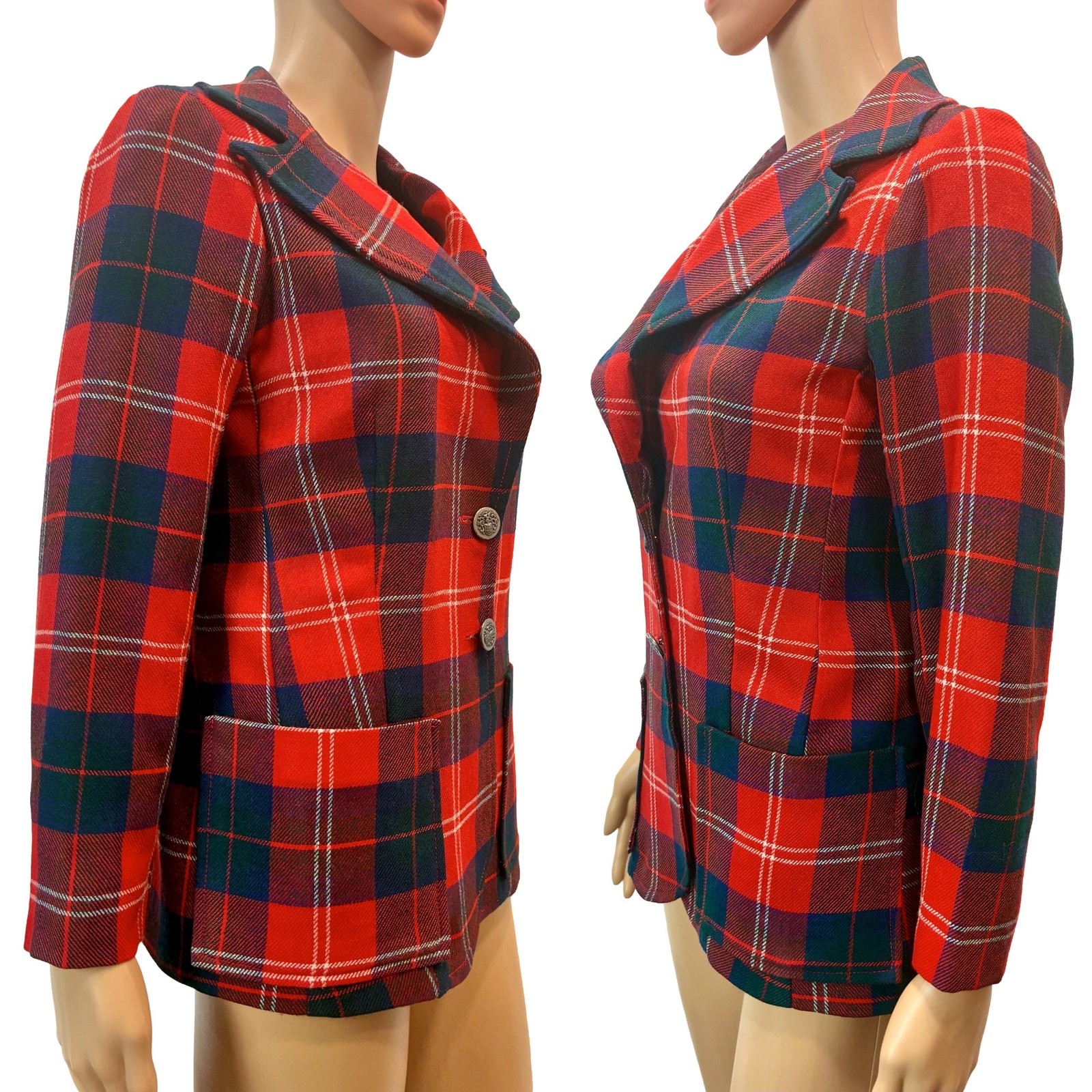 VTG 70s Red Tartan Plaid Blazer Riding Jacket Wool Blend Small