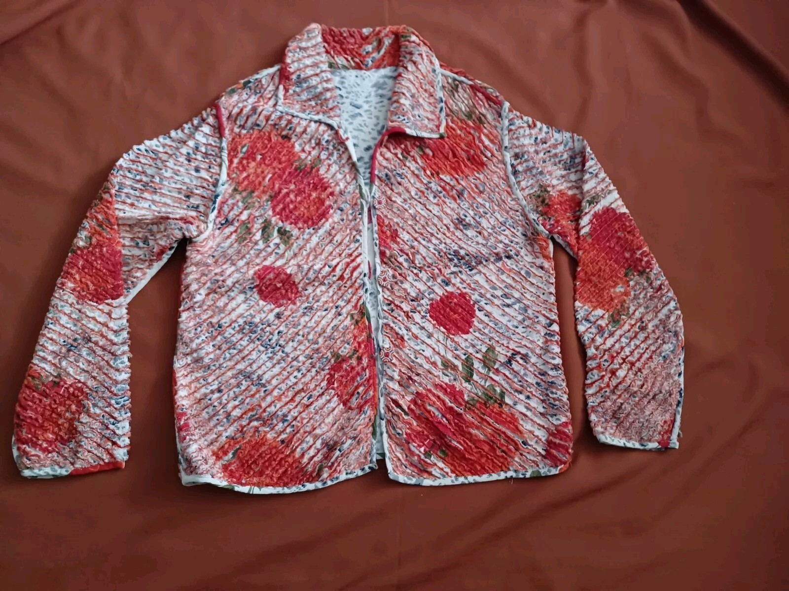 Vtg Paula Sweet Reversible Burnt Orange Gray Floral Fringe Cardigan S/M