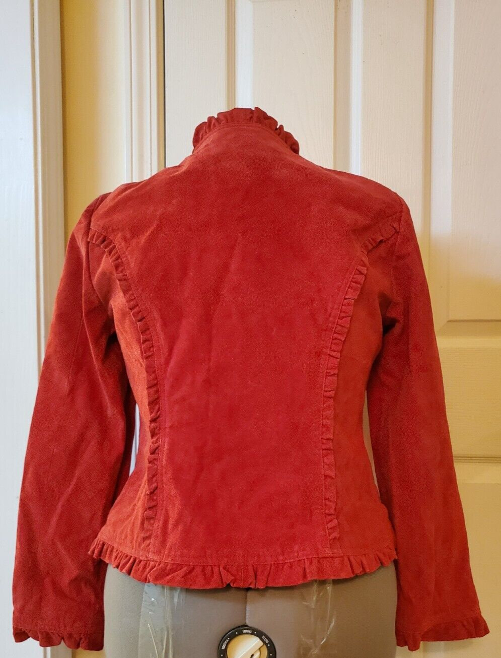 Vintage Prosper & Devine Red 100% Leather Jacket Ruffles Hooks & Eye Large