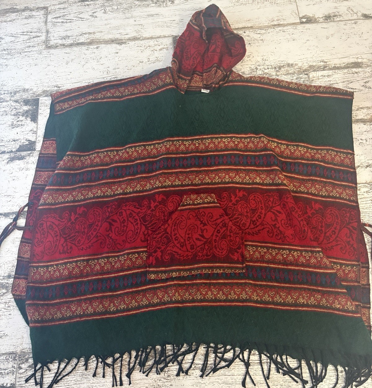 Vtg 70’s Aztec Boho Hooded Fringed Poncho One Size Indian Red Side Tie