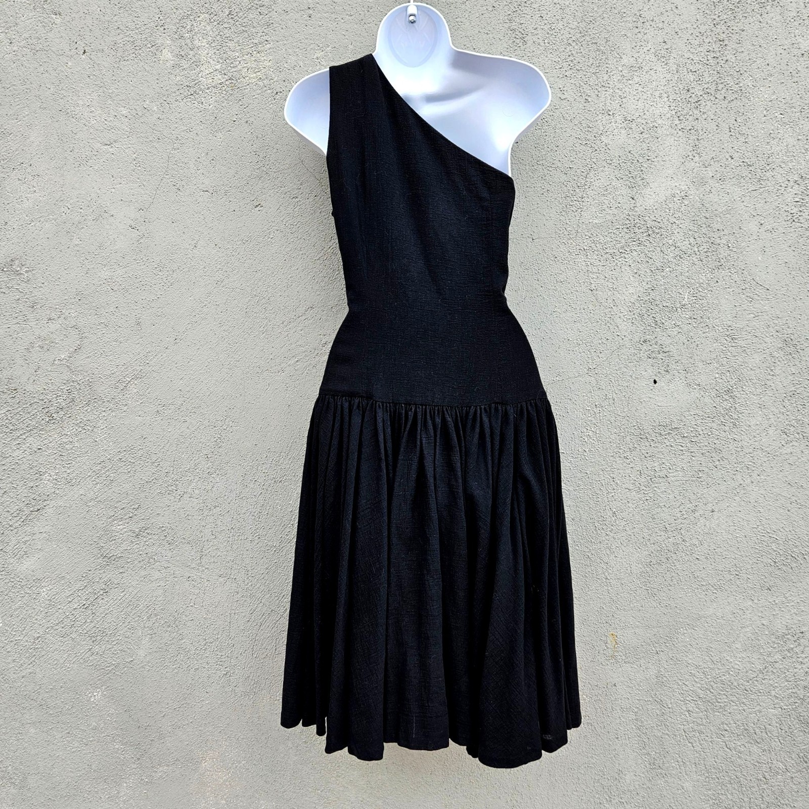 Vintage 80s Georges Rech Paris Black Cotton One Shoulder Dress Rosette Small