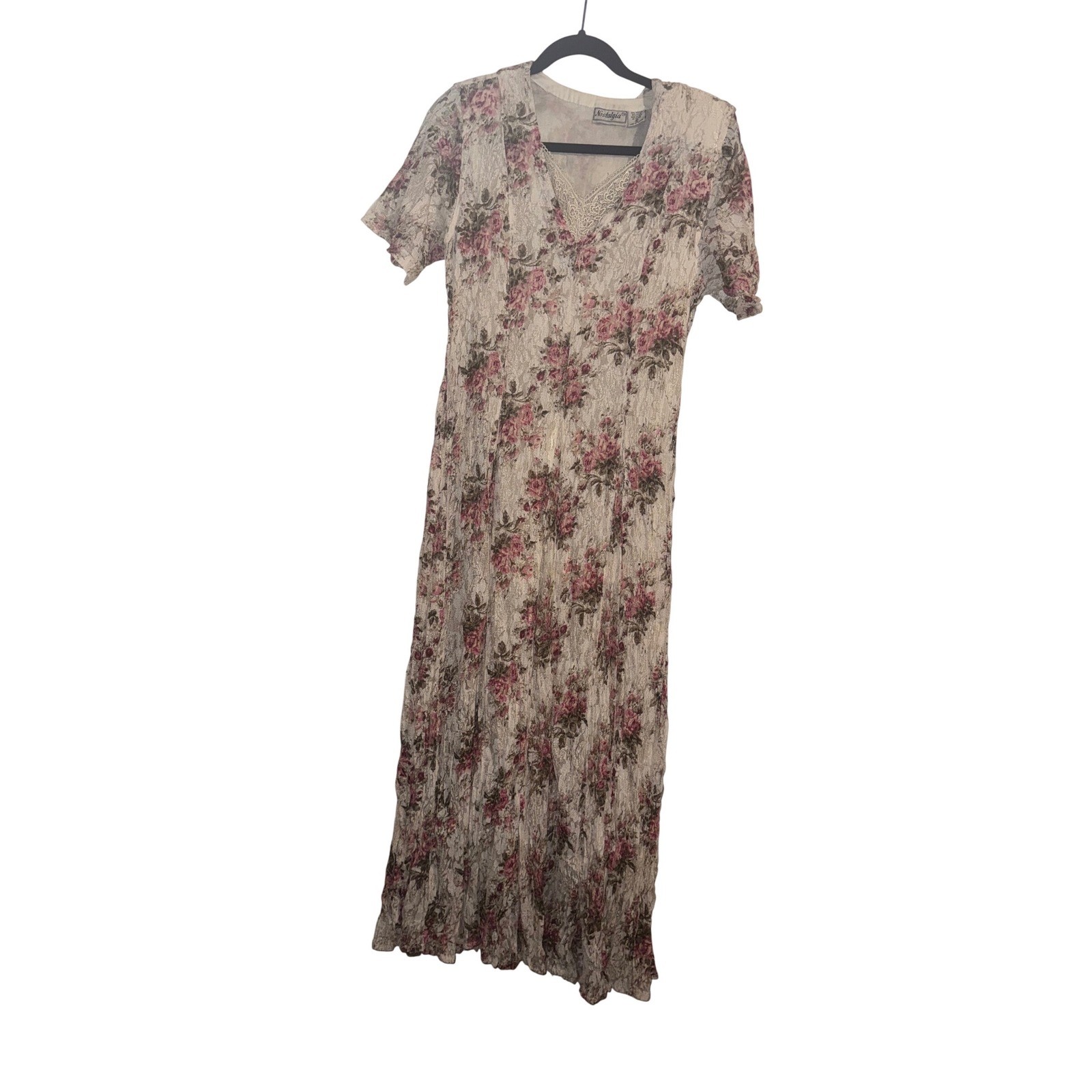 Vtg 90s Sz S Floral Lace Maxi Dress V-Neck Cottagecore Country Romantic Prarier
