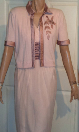 Vintage Pink Chiffon Party Dress Matching Sweater Taffeta Trim B36
