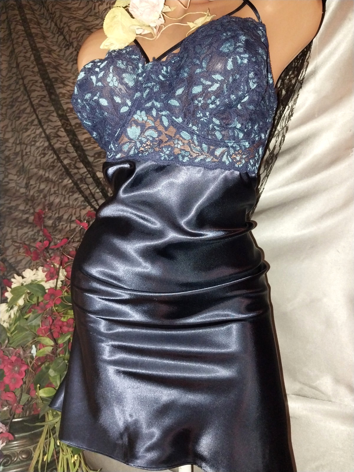 VTG SATIN SHINY SPANDEX LACE BRA BABYDOLL BLUE FLOWERS NIGHTGOWN PLUS 46 48 2X