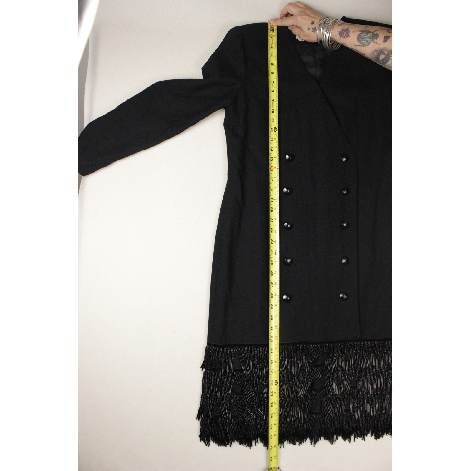 Vintage Pia Rucci Black Wool Beaded Fringe Dress 80s Double Breasted Size 10