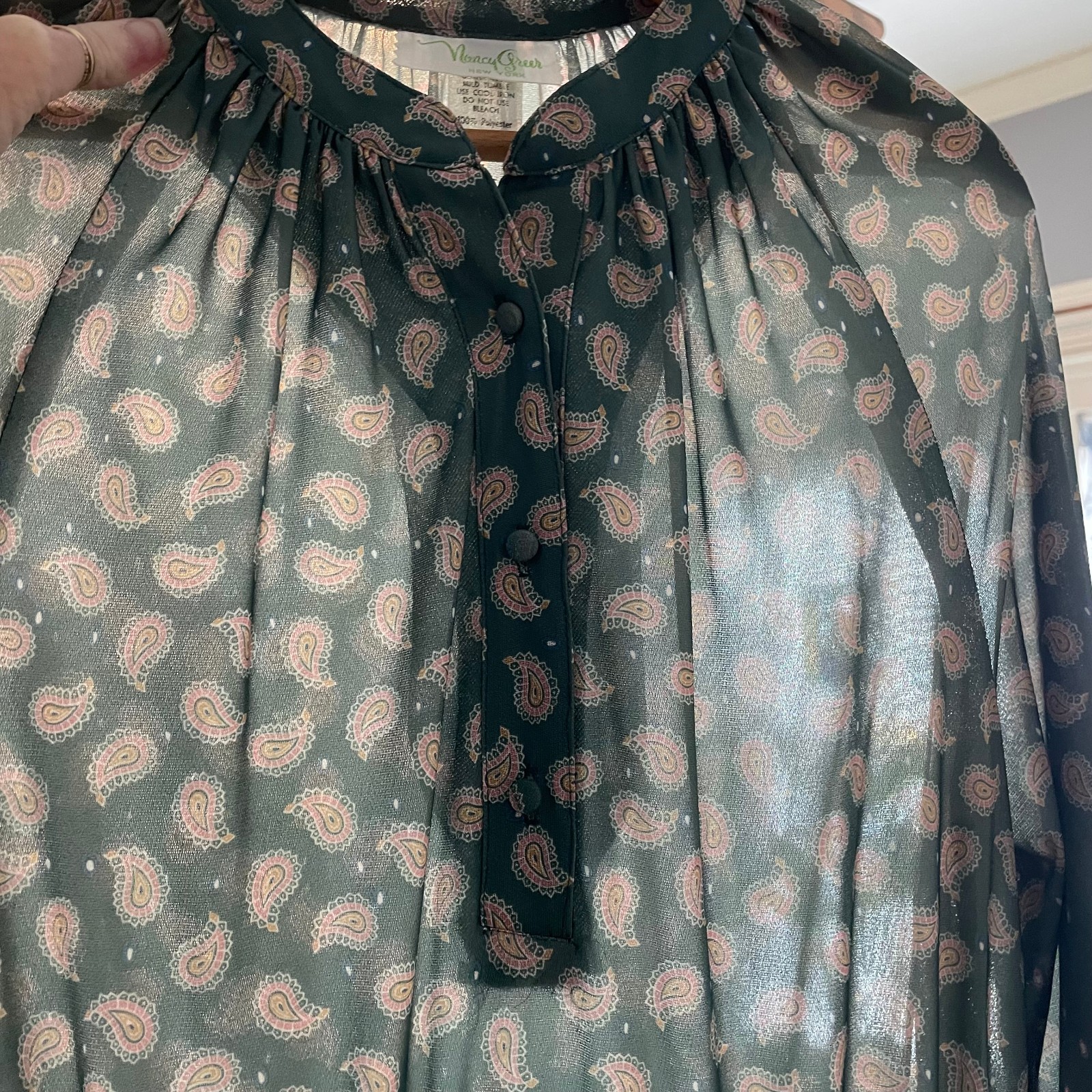 VTG Nancy Greer Dress L Green Paisley 70s Peasent Boho Hippie Cottagecore NWOT