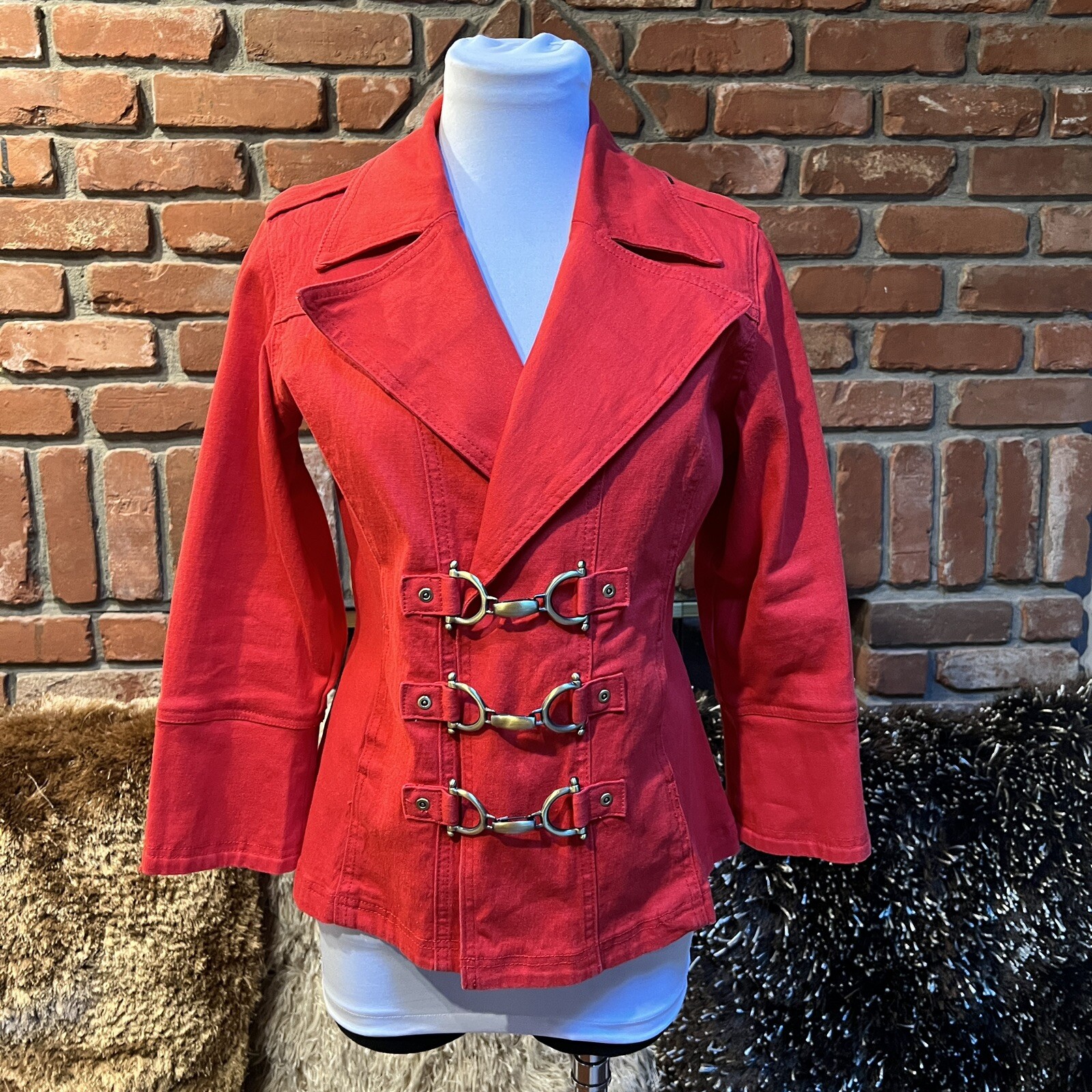 DIANE GILMAN DG2 Red / Brass Hardware Accent Stretch Denim Blazer Jacket XS S M