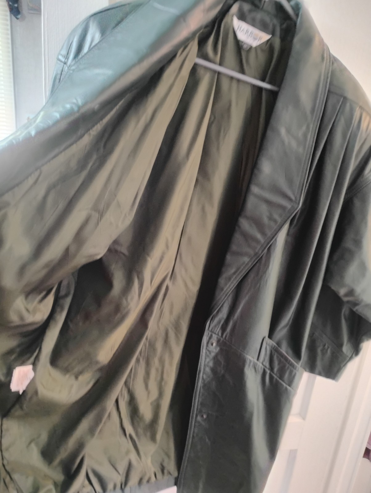 Vintage 80s Harbor Dark Green Leather Jacket Oversized Shawl Collar Coat Medium