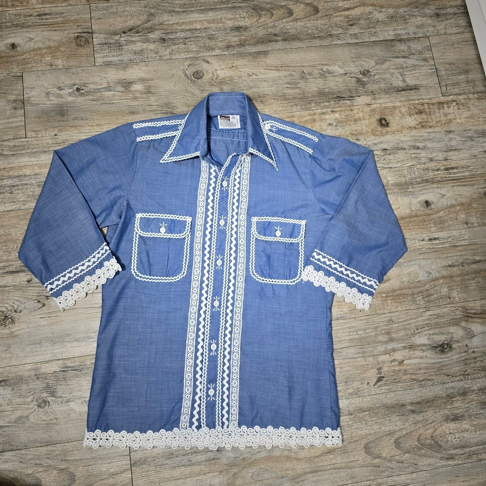 Vintage 1970s Montgomery Ward Chambray Western Shirt Ric Rac Lace Trim Size S