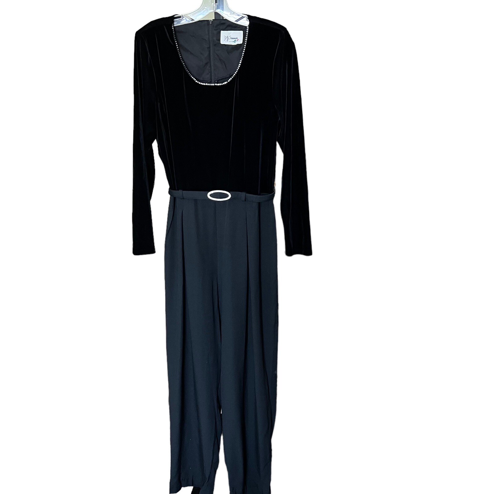 Vintage D J Summers Jumpsuit Black Velvet Top Pleated Bottom Belted Rhinestones