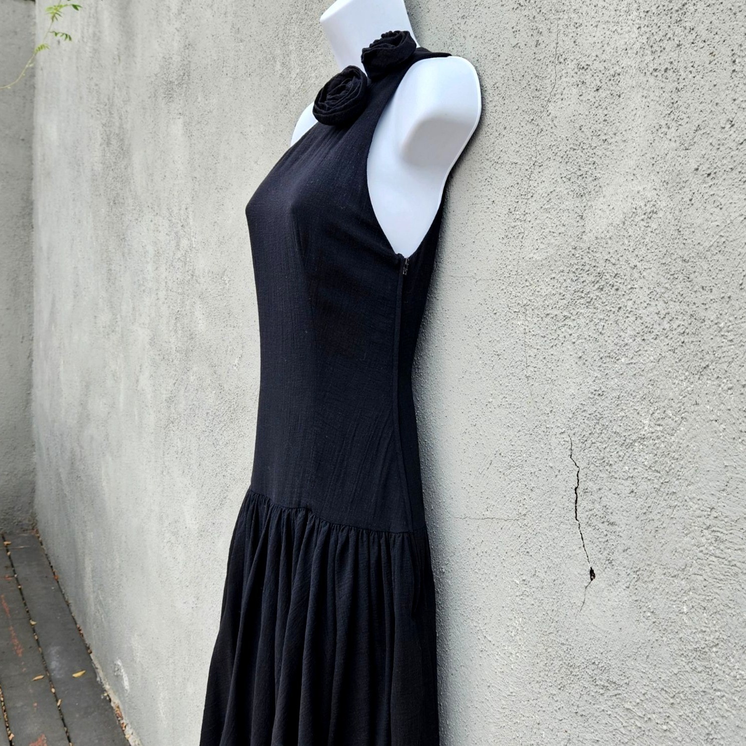 Vintage 80s Georges Rech Paris Black Cotton One Shoulder Dress Rosette Small
