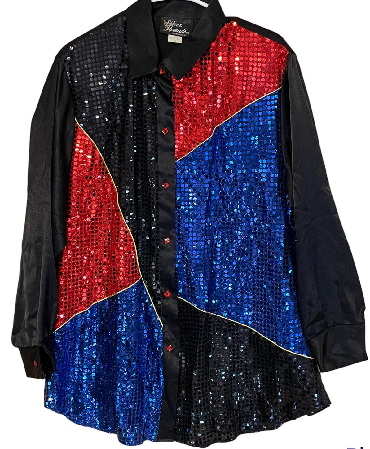 VTG Silver Threads Womens XLBlack Satin Sequins red blue western Top Shirt USA