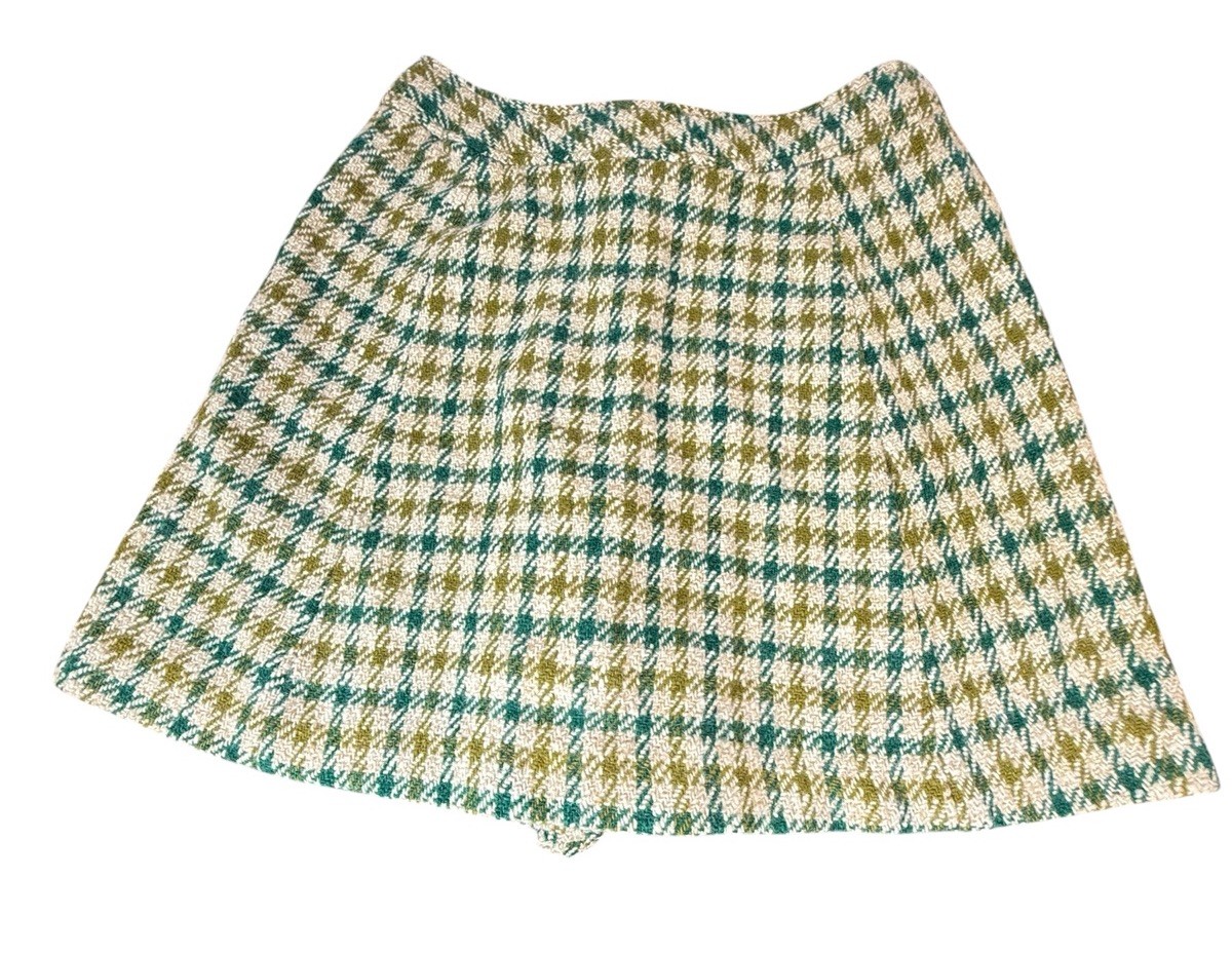 Vintage 70s Tami A Line Skirt Tweed Houndstooth Plaid Knit Wool Academic Preppy