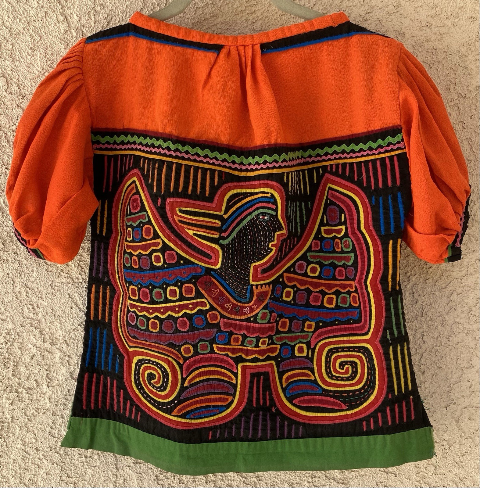 Vintage Kuna Mola Blouse Reverse Applique Winged Figure Panama Folk Art Top
