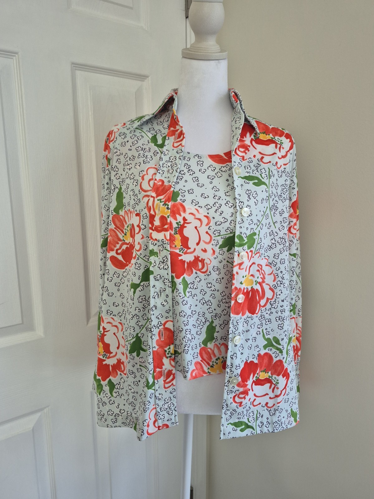 VTG 1970s Bleeker Street 2pc Twin Set Poppy Floral Shirt Tank -M