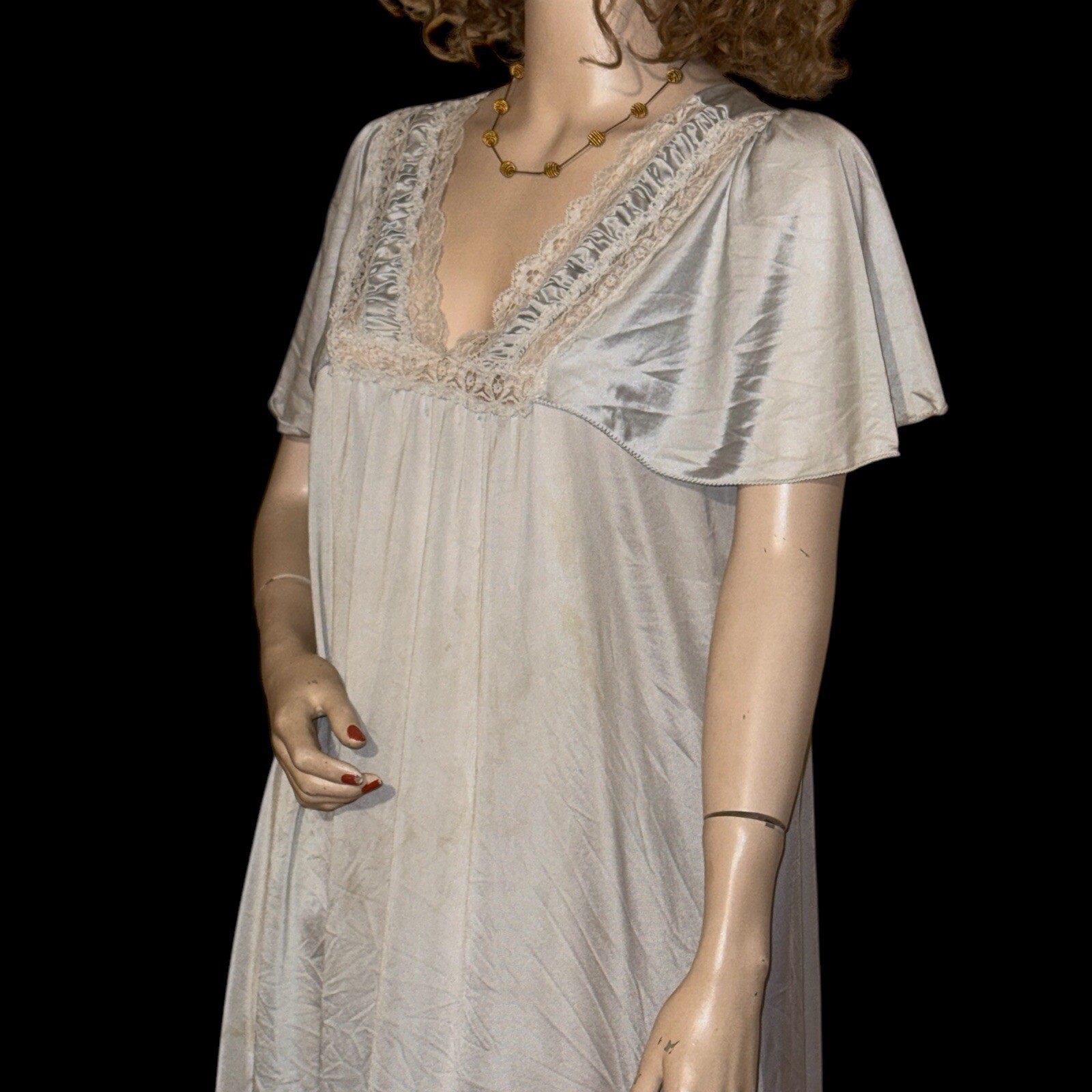 Vintage San Souci Long Lace Inset Blue Nylon Nightgown Sz M