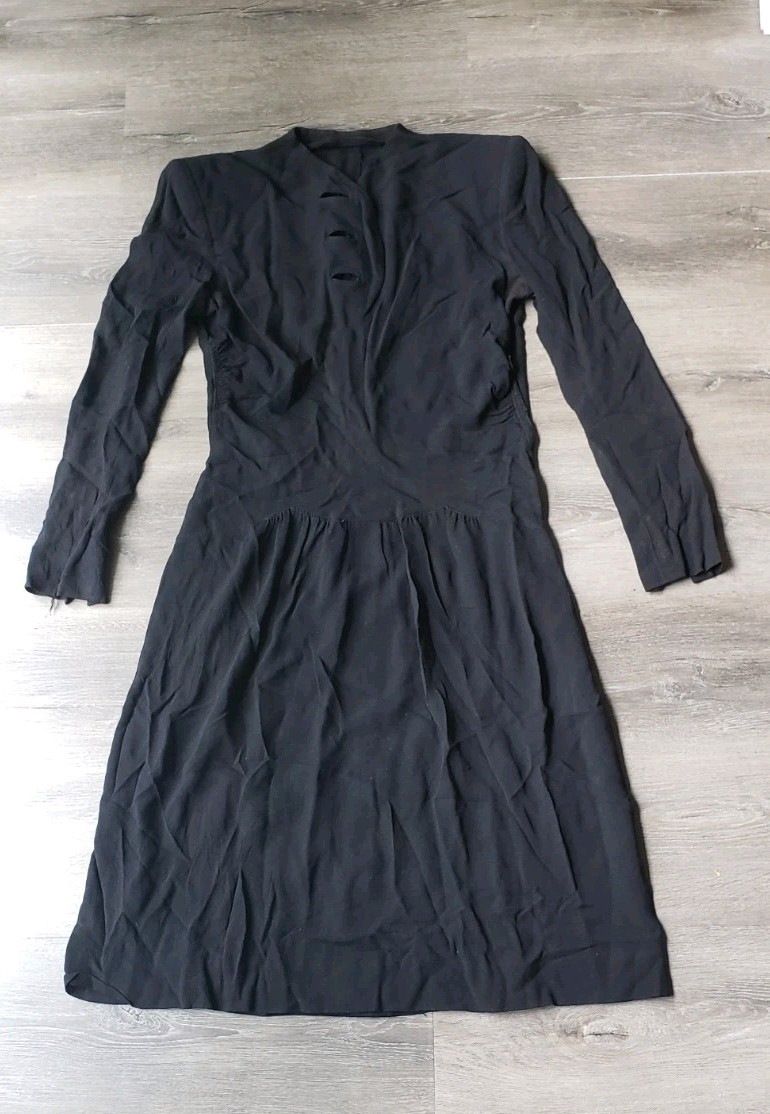 VTG 40s Black Crepe Dress Sz S? Deco Side Zip Study PROJECT DAMAGE STAINS AS-IS