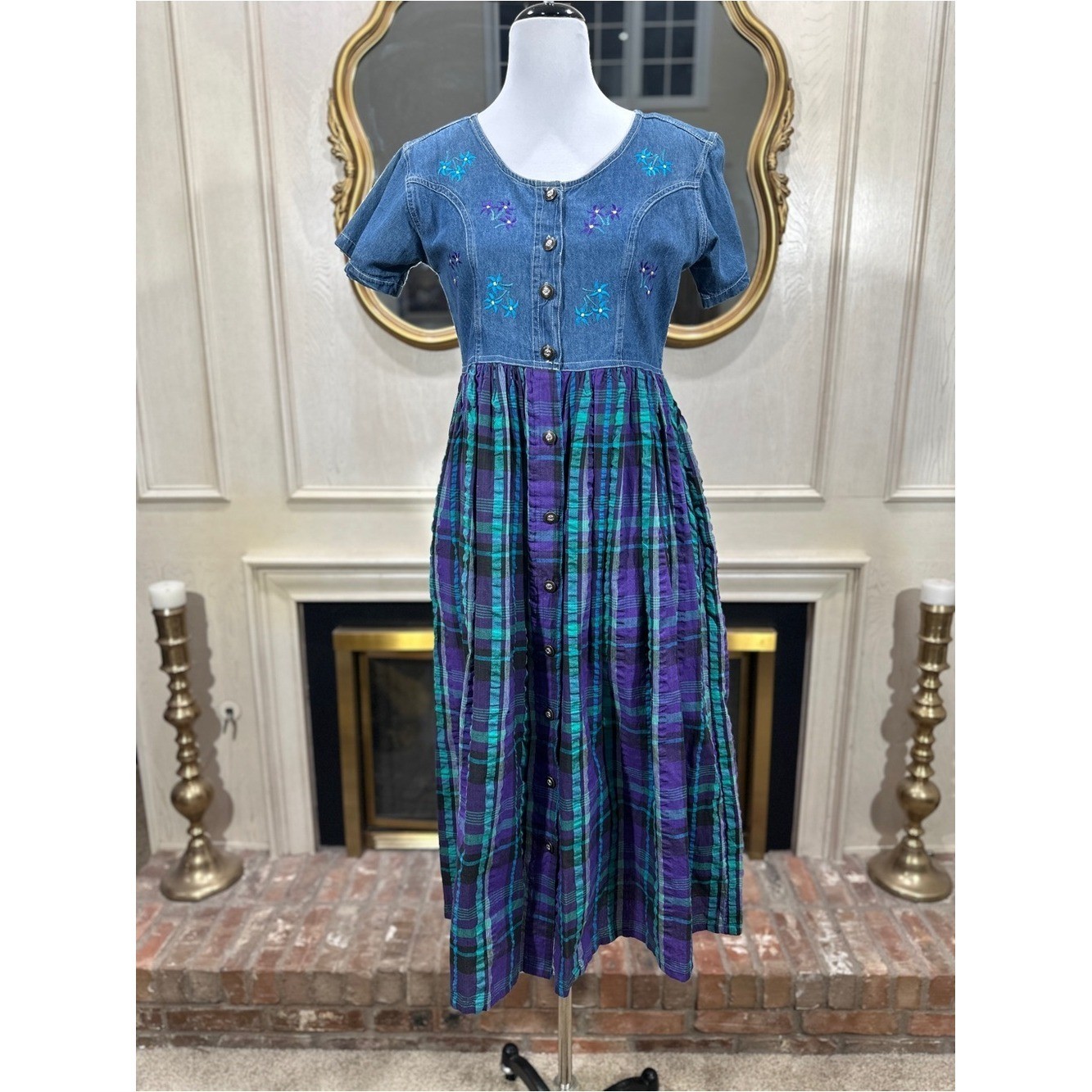 Jane Ashley Denim Plaid Dress size M Vintage Cottagecore Grannycore Boho