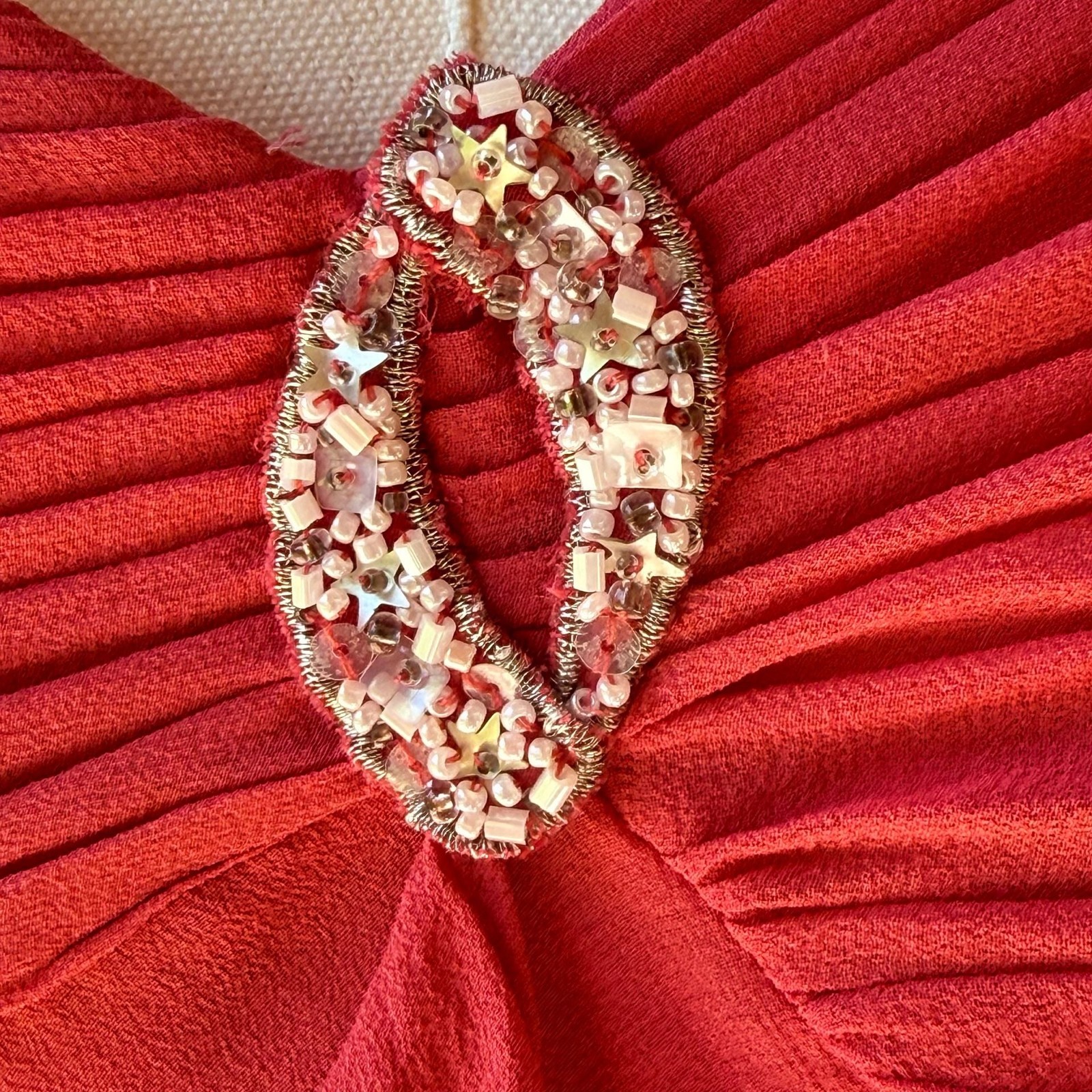 Vintage 100% Silk Dress Red Pink Beaded Flutter Sleeve Adrianna Papell