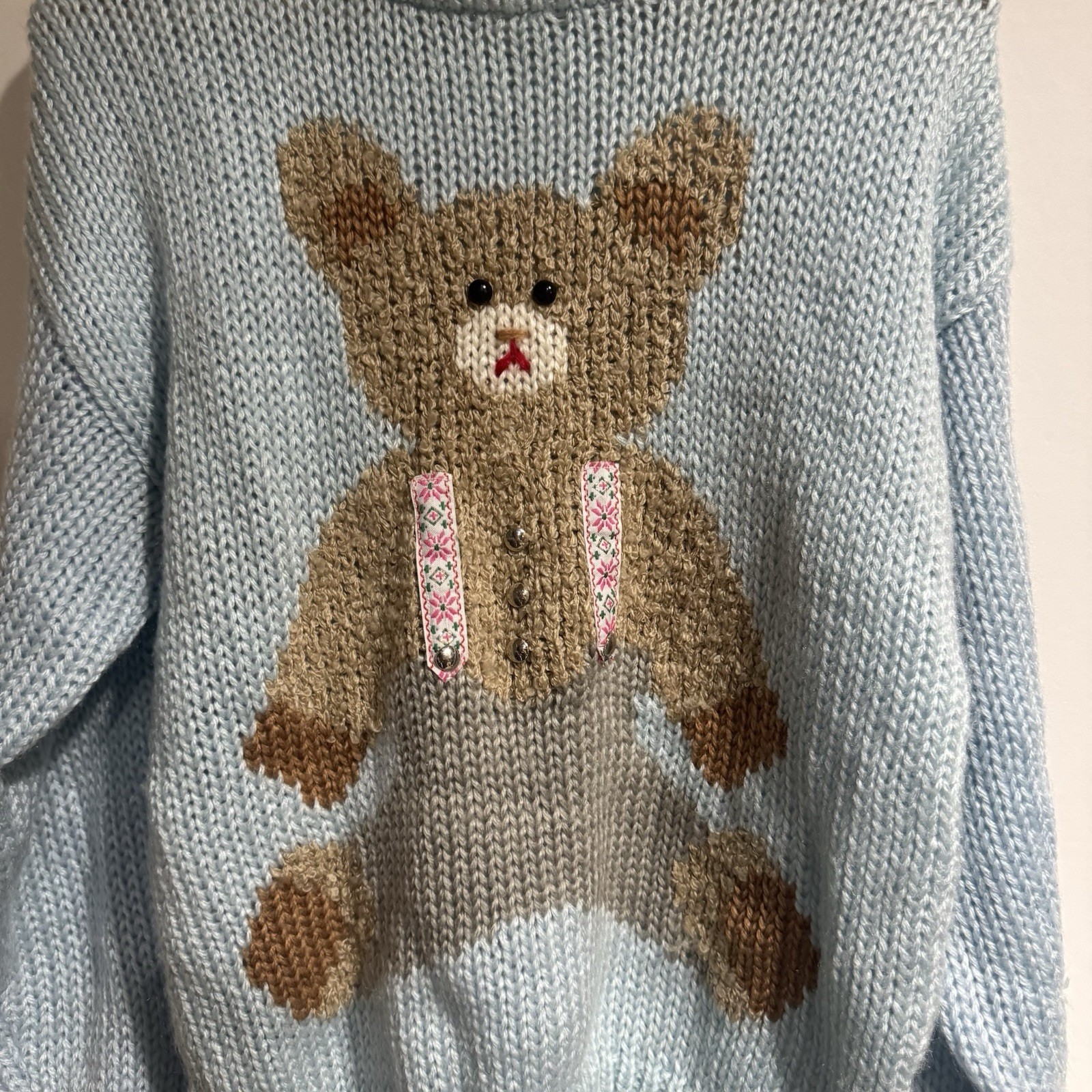 Color Cues Women Medium Hand Knit Sweater Korea 3D Teddy Bear Pastel Baby Blue