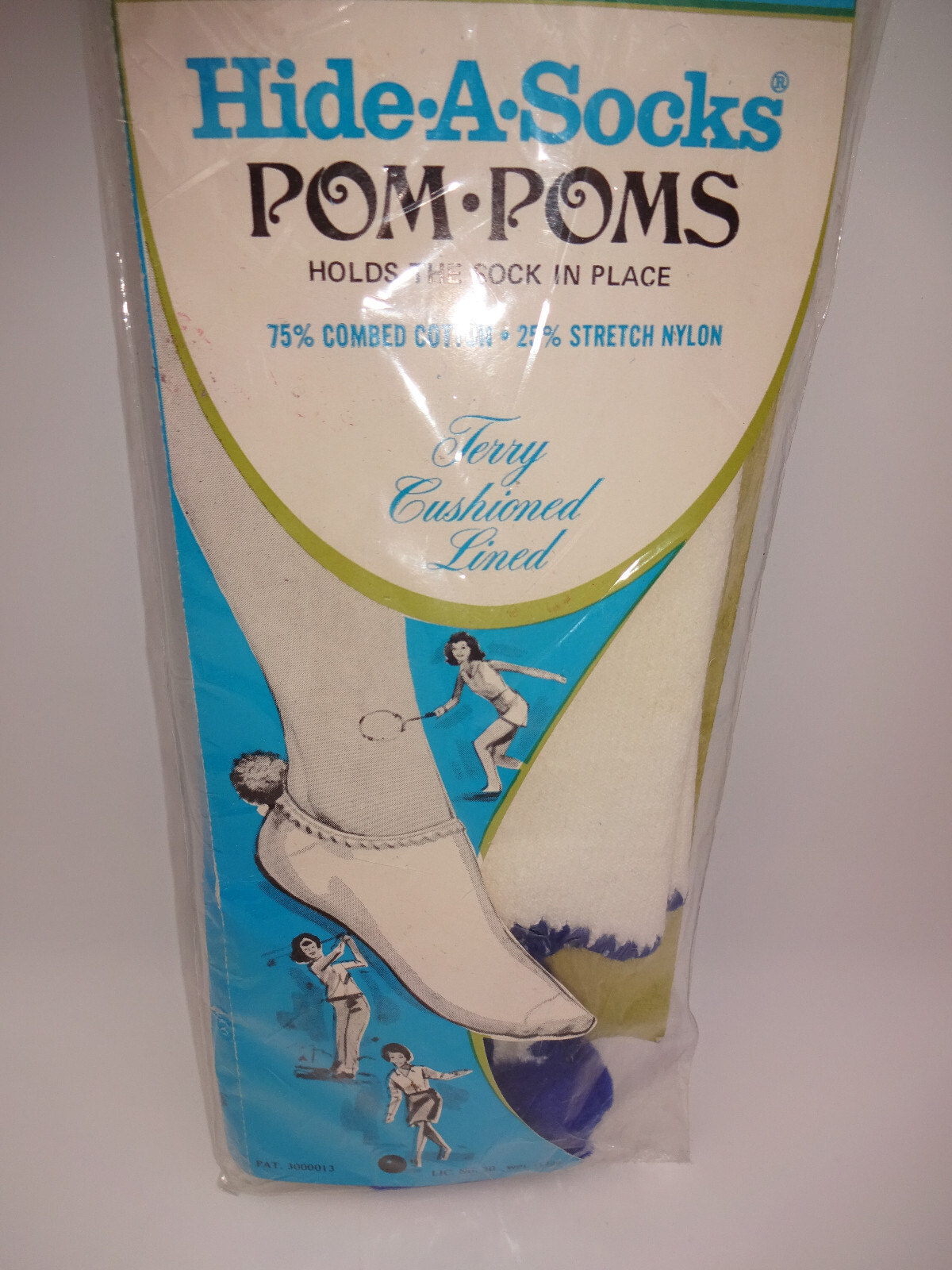 NOS New Vintage 1960s/1970s White Hide A Socks Blue Pom Poms 8.5-11 Stretch