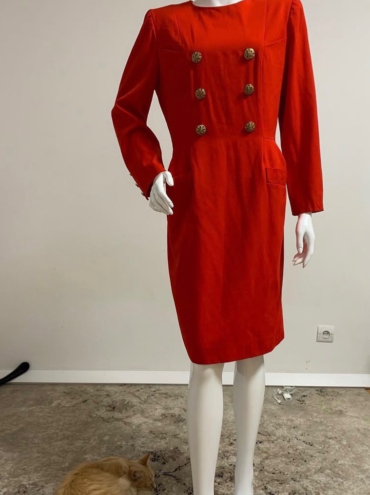 David Molho vintage 80s wool red dress with gold buttons France
