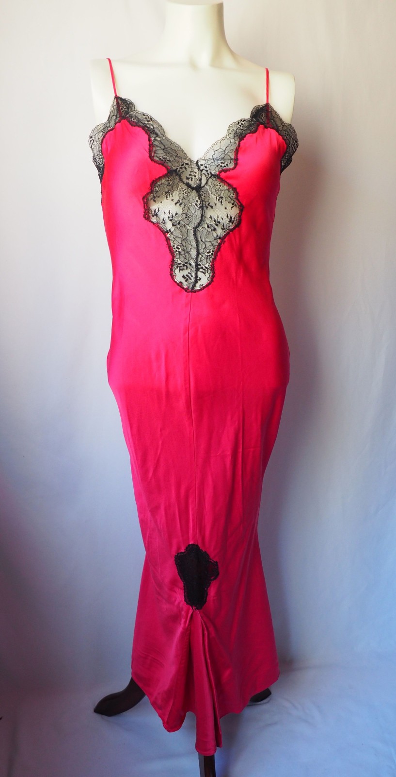 Vintage Ria 100% Silk Lingerie Slip Dress Mermaid Gown Hot Pink Black Lace P