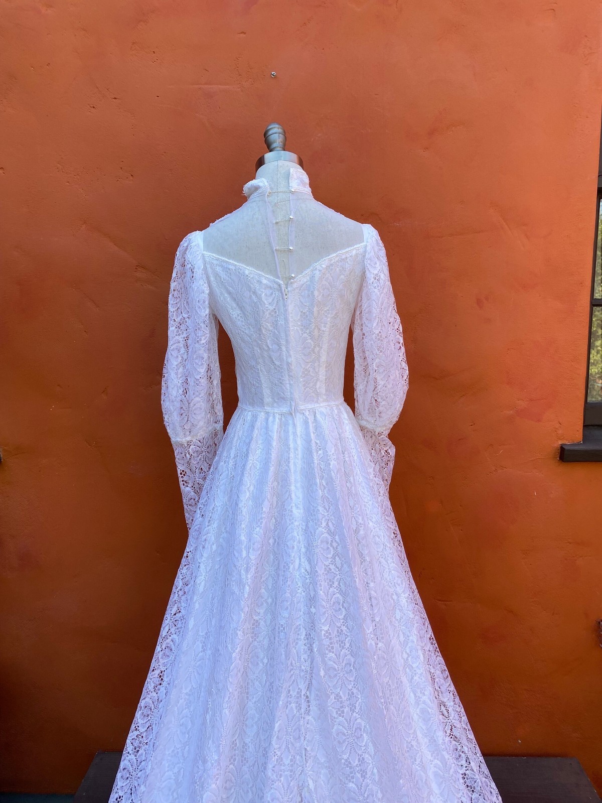 Vintage 1970s Lace Prairie Wedding Dress Victorian style train hippie boho xs