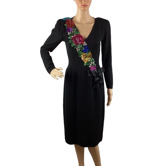 Don Sayres for Wellmore Vintage 80s Beaded Floral Mob Wife Dress Black 6